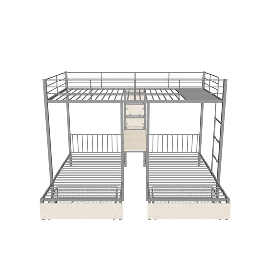 L-Shaped Full Over Twin & Twin Metal Triple Bunk Bed with Desk and Storage