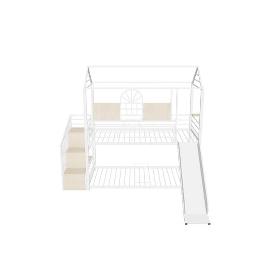 Kids Low Twin Over Twin House Metal Bunk Beds with Stairs and Slide