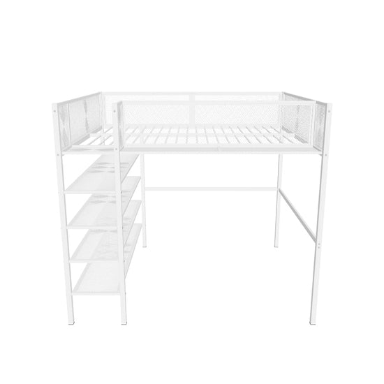 Modern Metal Full Size Loft Bed with Storage Shelves for Adult, Junior