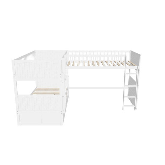 Twin Over Twin Corner Loft Triple Bunk Beds with Storage - [Wood, Drawers, L-Shaped]