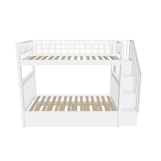 Convertible Twin Over Twin Bunk Bed with Stairs and Storage, Trundle