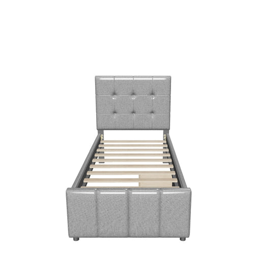 Twin Linen Upholstered Platform Bed with Storage and Headboard