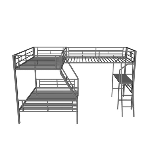 Twin Over Full Corner Loft Triple Bunk Beds with Desk - [Metal, Black]