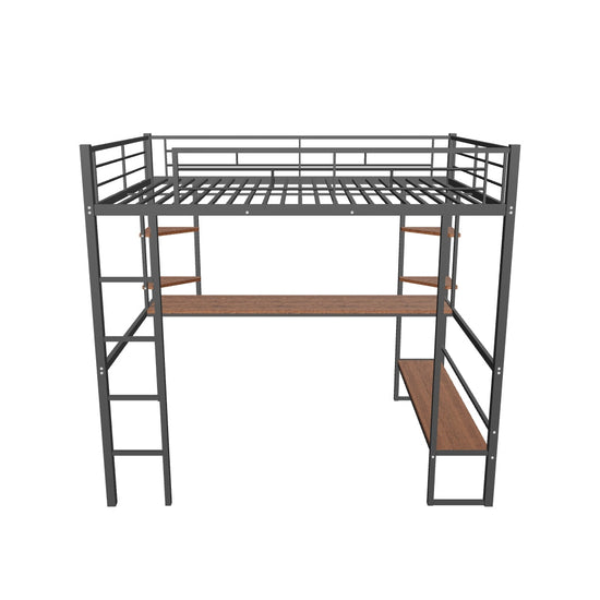 Modern Metal Full Size Loft Bed with Desk and Storage Shelves for Junior - [Black]