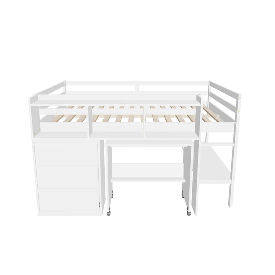 Kids Full Size Low Loft Bed with Portable Desk and Storage - [Wood, Drawers, Shelves]