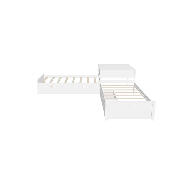 Twin Size L-Shaped Low Platform Corner Bed with Storage and Trundle - [Drawers, Desk]