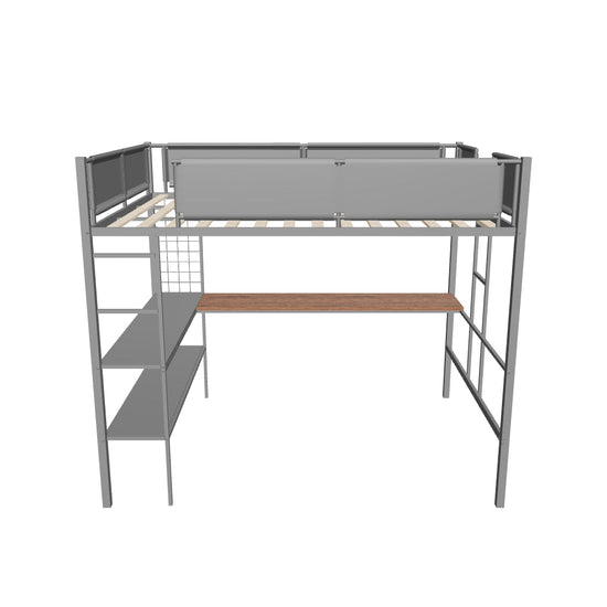 Metal Sturdy Full Size Loft Bed with Desk and Storage Shelves - [Noise Free]