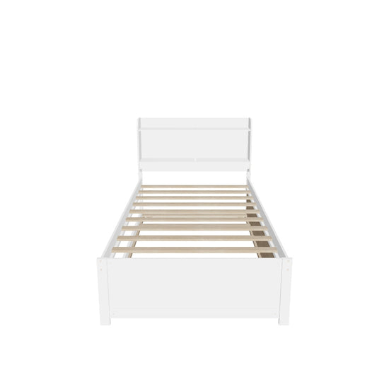 Wooden Twin Platform Bed with Twin Trundle Bed and Storage Headboard - [Shelves]