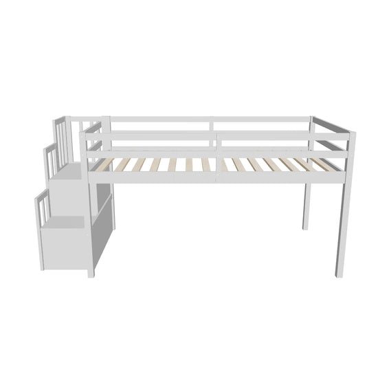 Wood Low Twin Loft Bed with Stairs and Storage for Kids, Toddler - [Shelves]