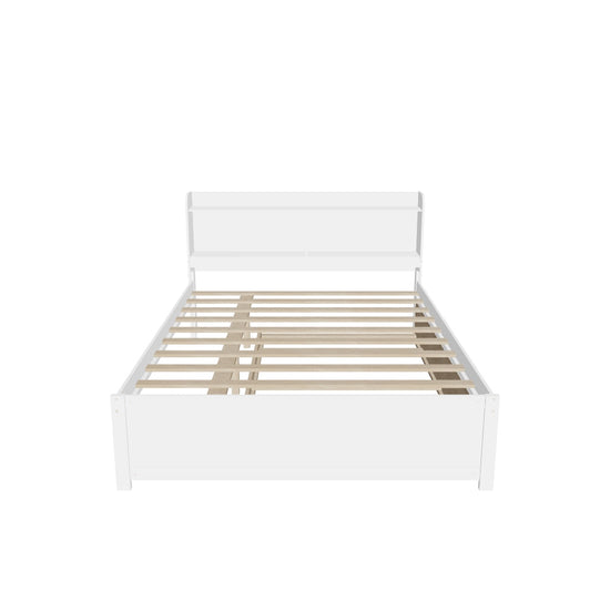 Wooden Full Size Platform Bed with Twin Trundle Bed and Storage Headboard - [Shelves]