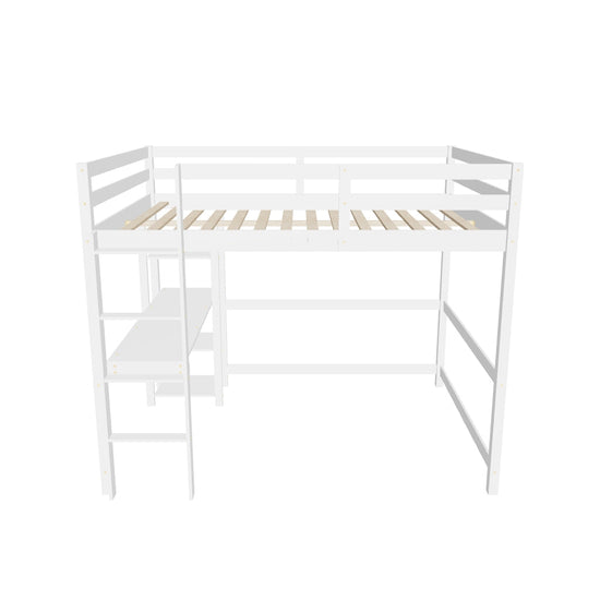 Wood Full Size Loft Bed with Desk and Storage Shelves for Kids, Teens