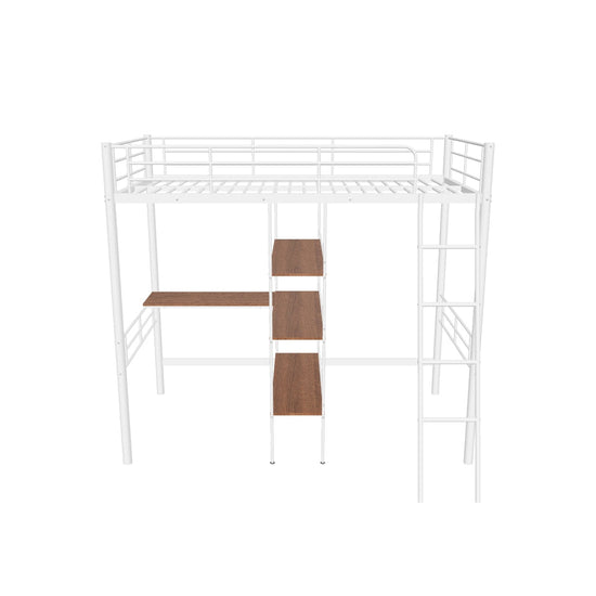 Metal Twin Loft Bed with Desk and Storage Shelves - [Wood]