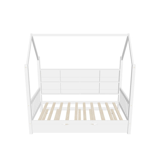 Twin Size Kids House Bed Frame with Twin Trundle and Shelf above Bed