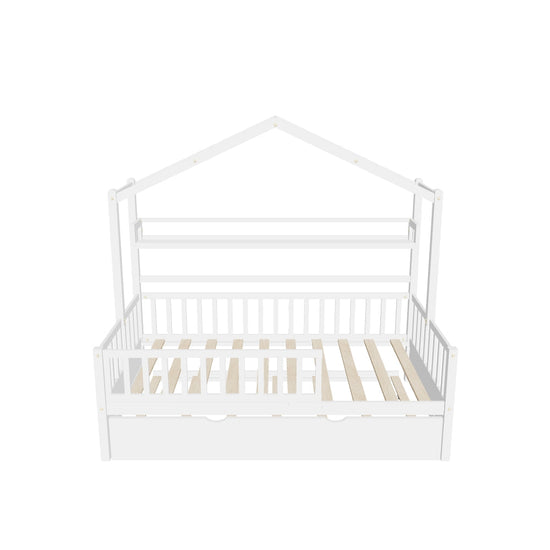 Wood Twin Size Low House Bed Frame with Storage and Twin Trundle Bed