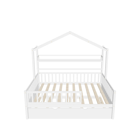 Wood Full Size Low House Bed Frame with Storage and Twin Trundle Bed