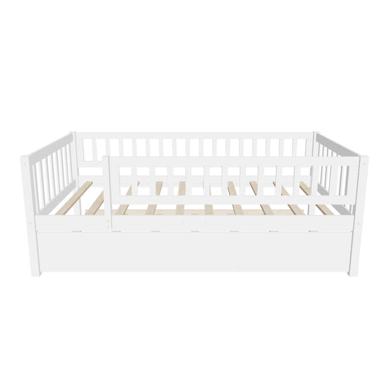 Wooden Twin Low Kids Bed with Twin Size Trundle and Rails