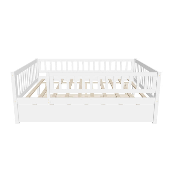 Wooden Full Size Low Kids Bed with Twin Size Trundle and Rails