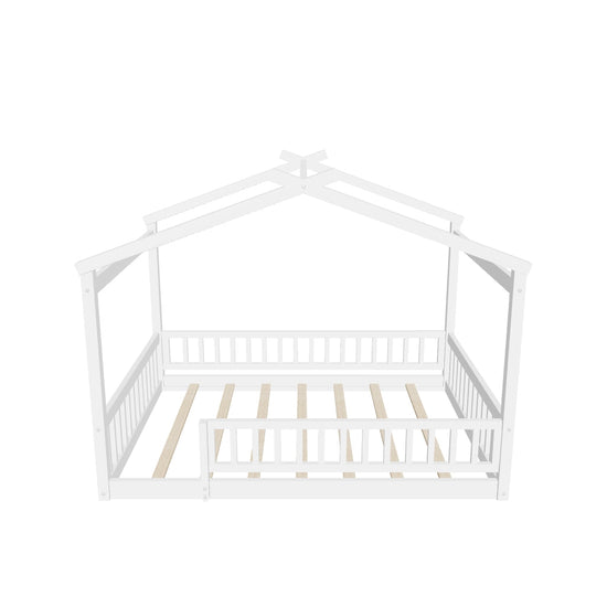 Full Size Wood House Kids Toddler Floor Bed with Rails