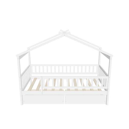 Twin Size Wood House Toddler Bed Frame with Rails and Storage