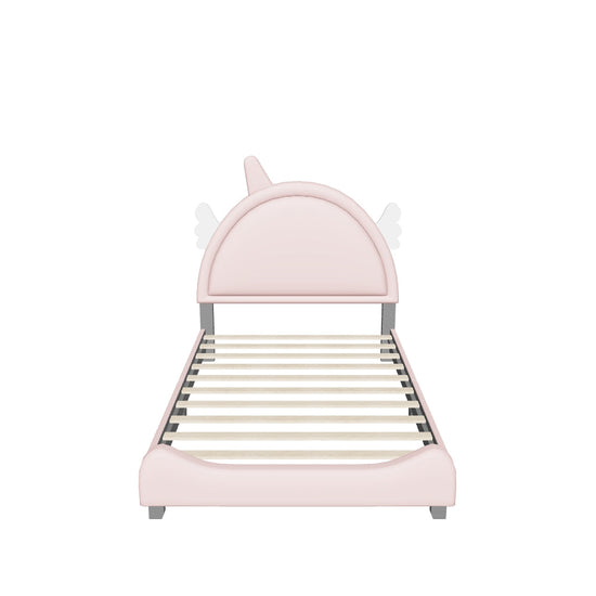 Cute Twin Pink Upholstered Bed Frame for Girls with Unicorn Headboard