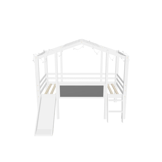 Twin House Low Loft Bed with Slide and Blackboard for Kids, Toddler - [Wood]