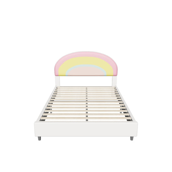 Cute Full Size Upholstered Platform Bed Frame with Rainbow Headboard