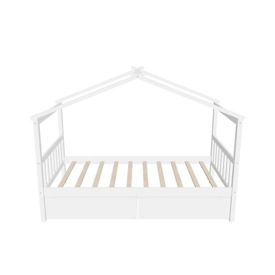 Kids Low Wooden House Bed with Storage and Headboard - [Drawers, Footboard]