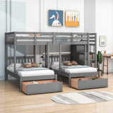 Wood Full Over Twin & Twin L-Shaped Triple Bunk Bed with Stairs and Drawers