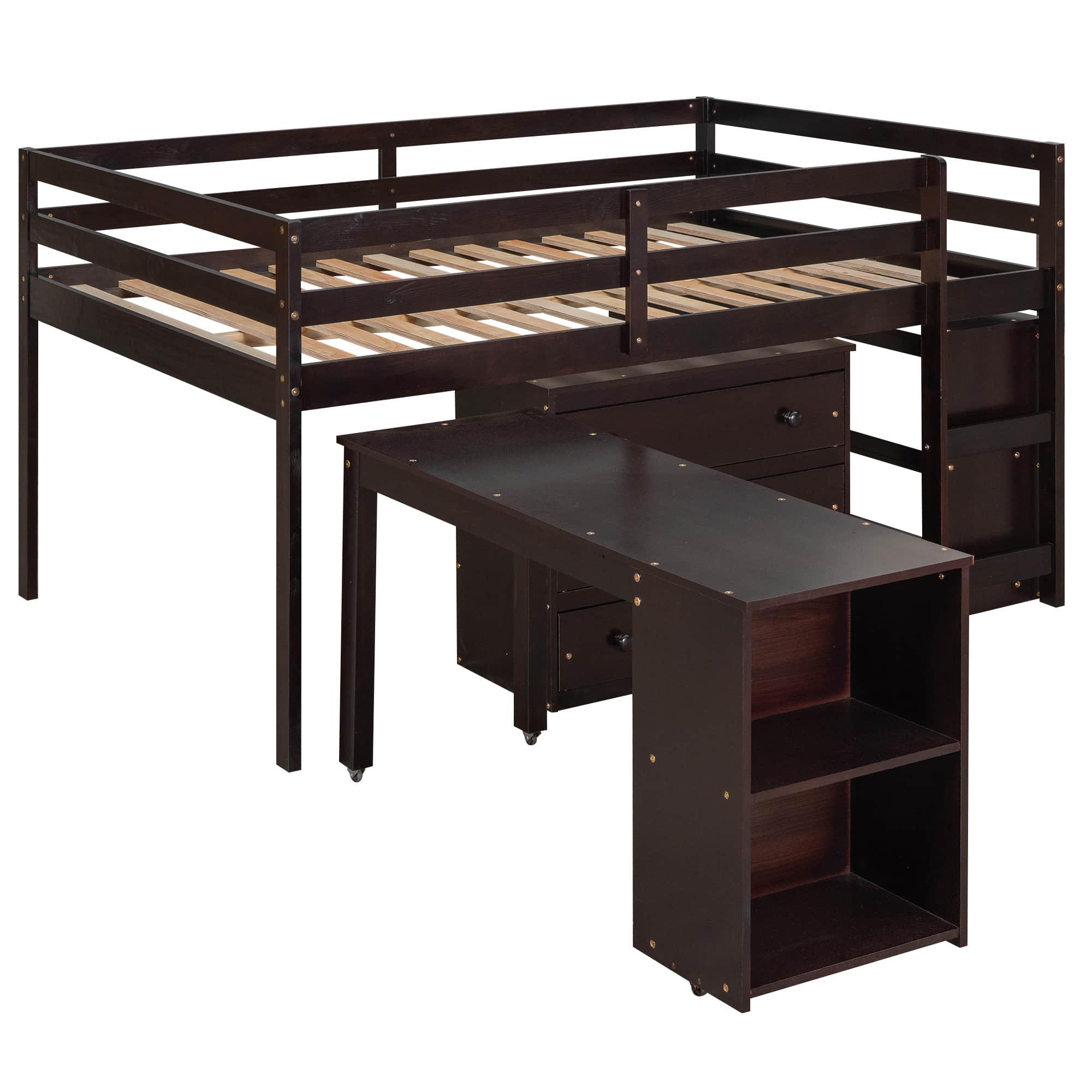 Montessori Full Low Loft Bed with Desk and Storage for Kids - [Shelves, Dresser, Drawers, Ladder, Wood]