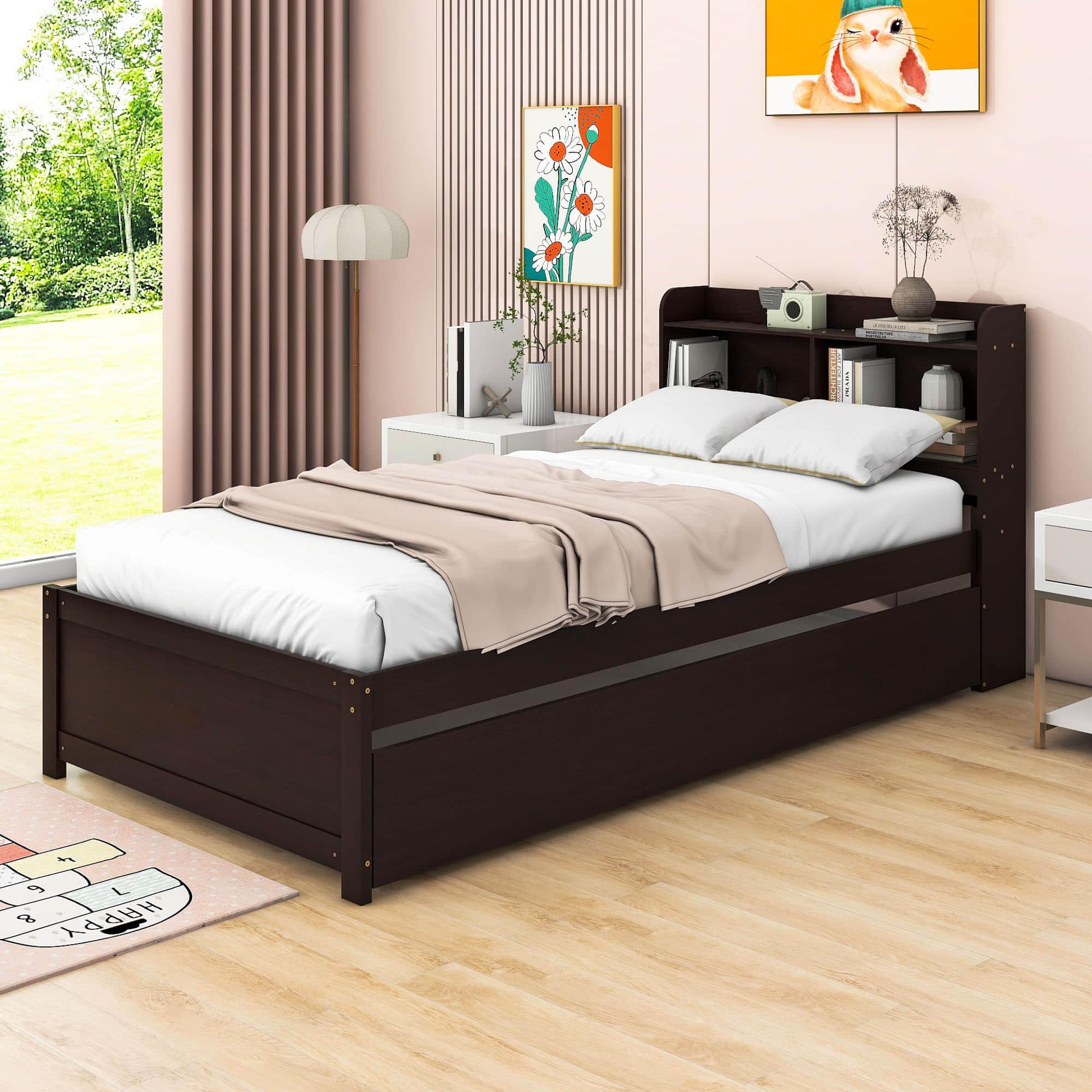 Wooden Twin Platform Bed with Twin Trundle Bed and Storage Headboard - [Shelves]