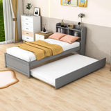 Wooden Twin Platform Bed with Twin Trundle Bed and Storage Headboard - [Shelves]