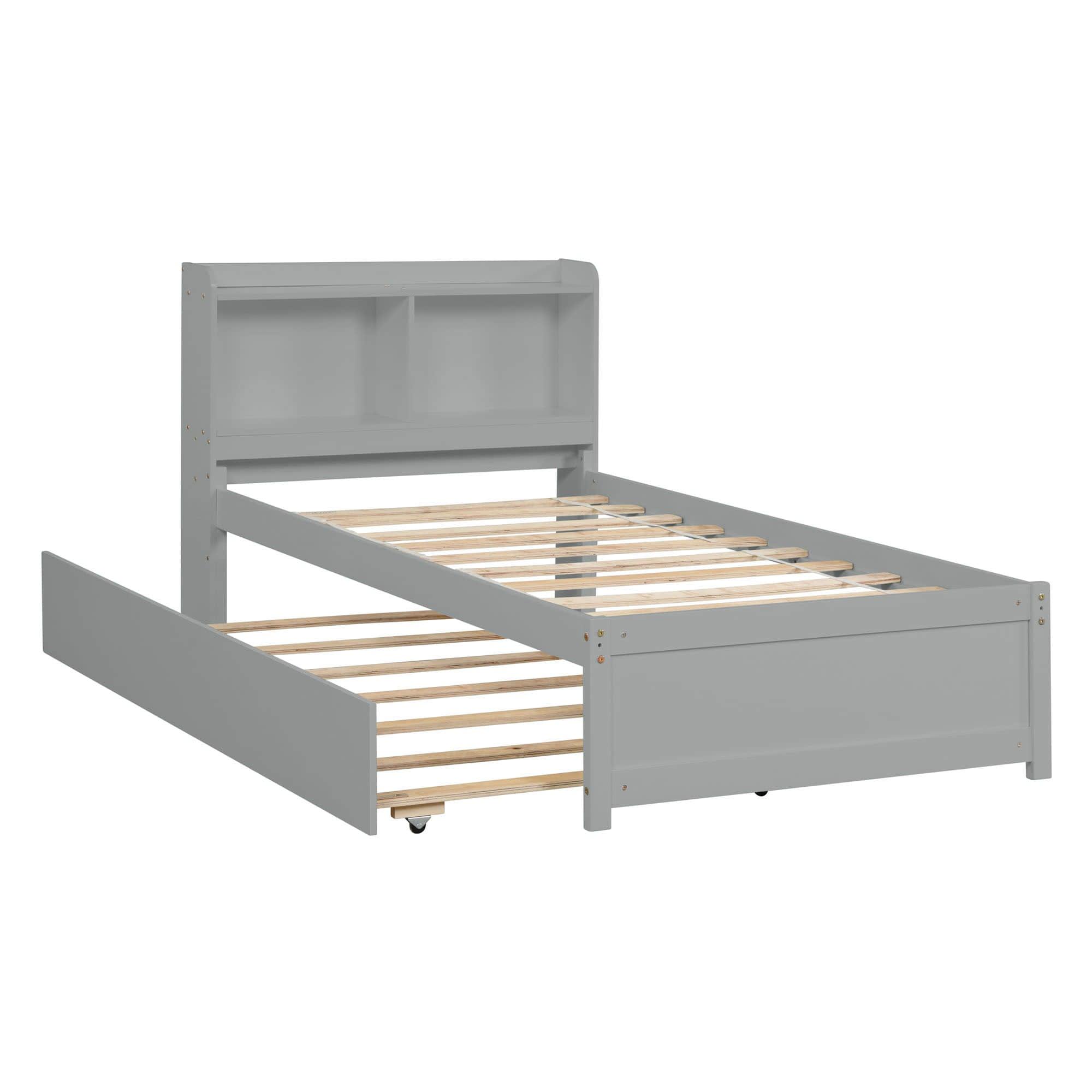 Wooden Twin Platform Bed with Twin Trundle Bed and Storage Headboard - [Shelves]