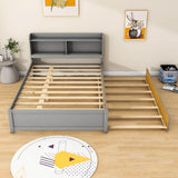 Wooden Full Size Platform Bed with Twin Trundle Bed and Storage Headboard - [Shelves]