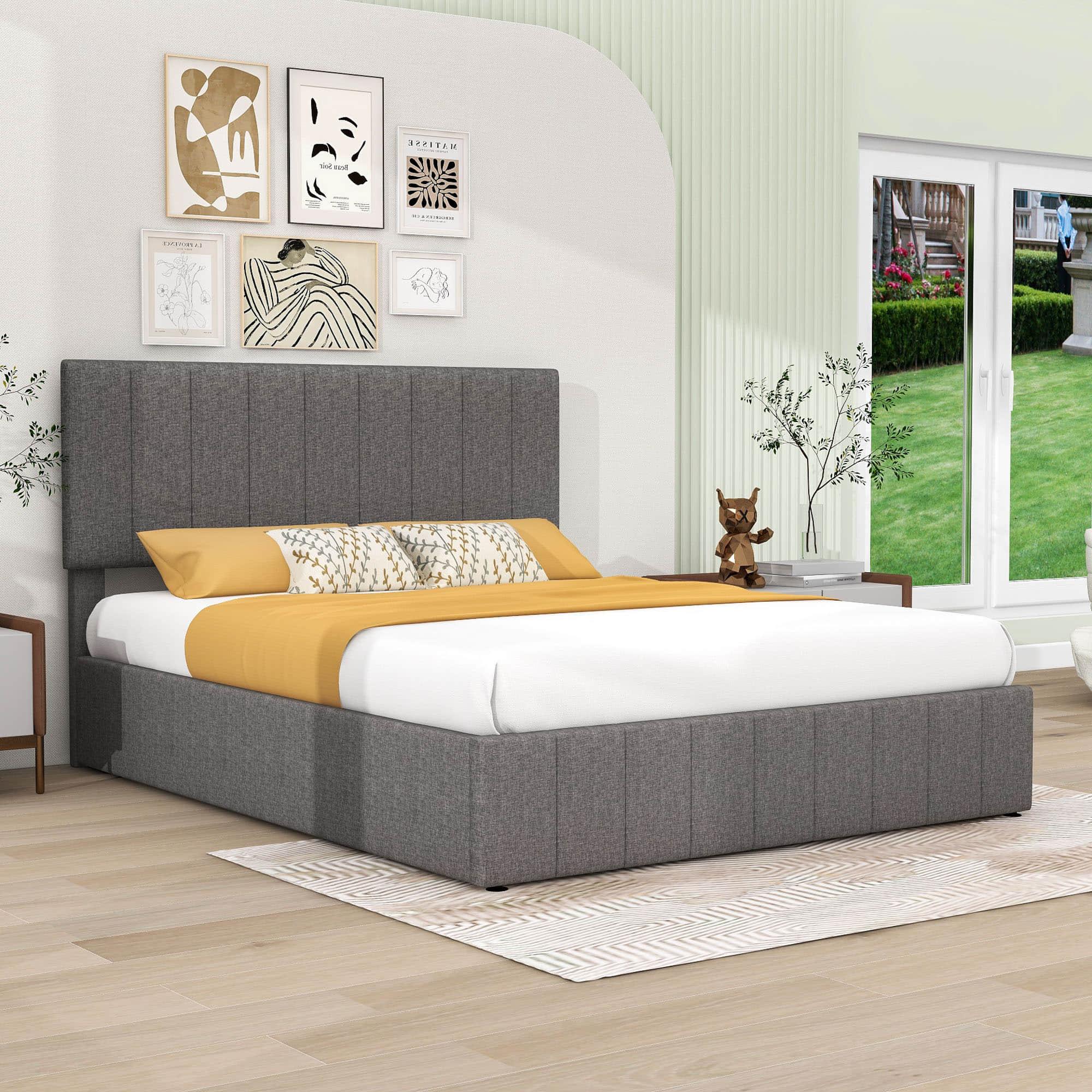 Modern Queen Upholstered Bed Frame with Storage - Hydraulic Lift System