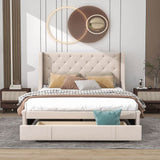 Queen Upholstered Bed Frame with Wingback Headboard and Storage