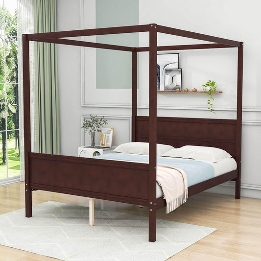 Wood Queen Platform Modern Canopy Bed Frame with Headboard and Footboard