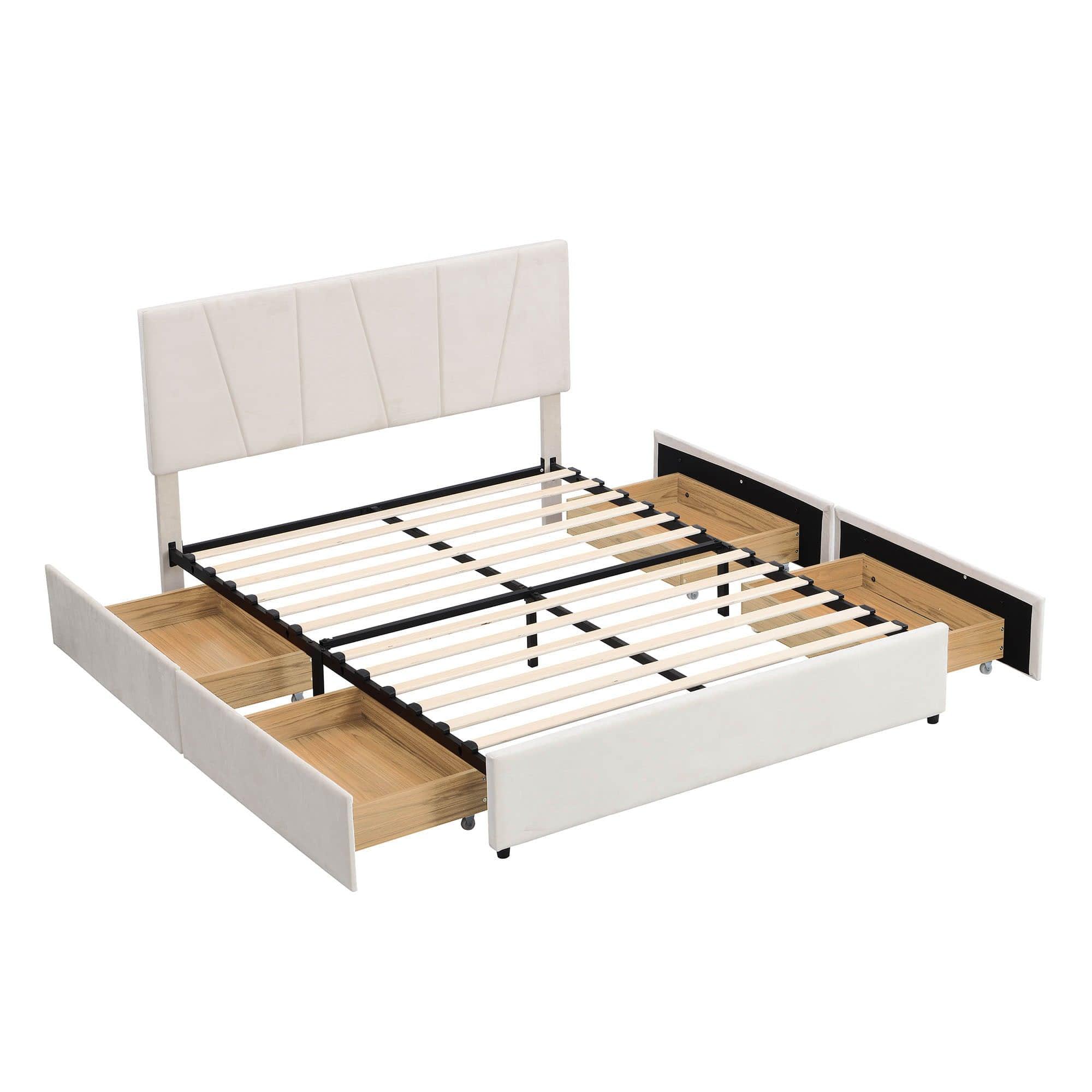 Queen Size Upholstered Platform Bed with Headboard and Storage - [4 Drawers, Velvet]