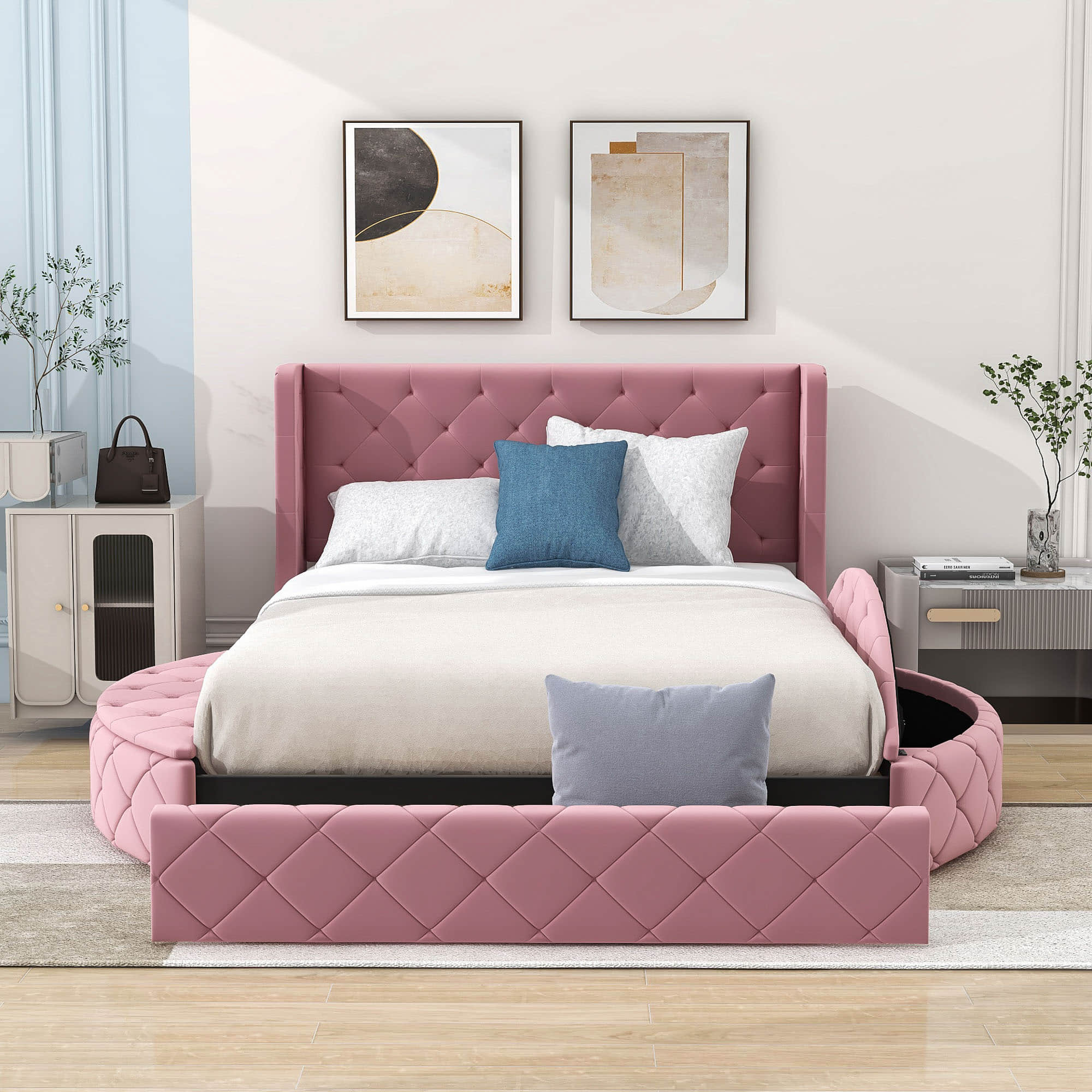 Upholstered Queen Platform Bed Frame with Wingback Headboard and Storage