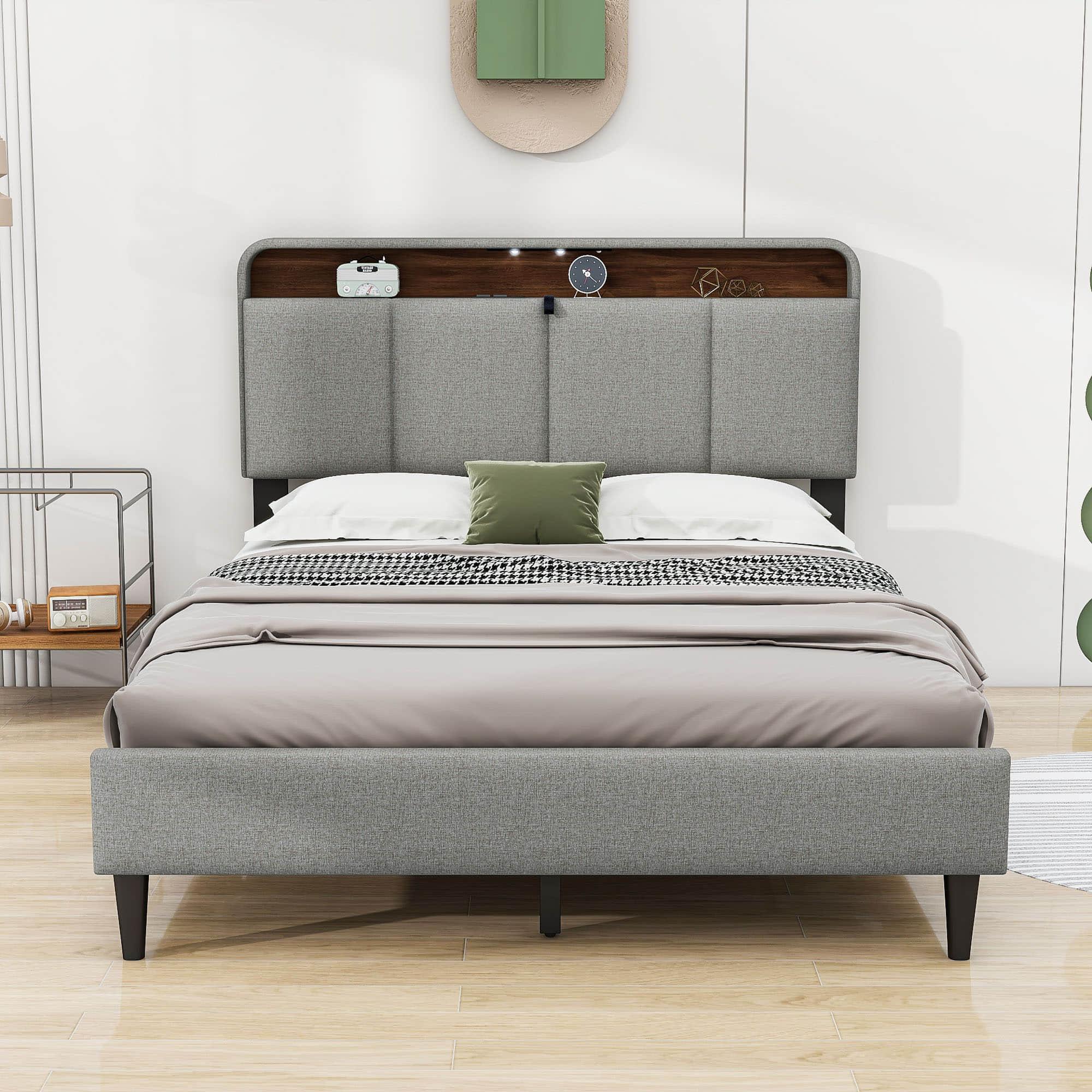 Smart Upholstered Queen Size Platform Bed Frame with Storage Headboard