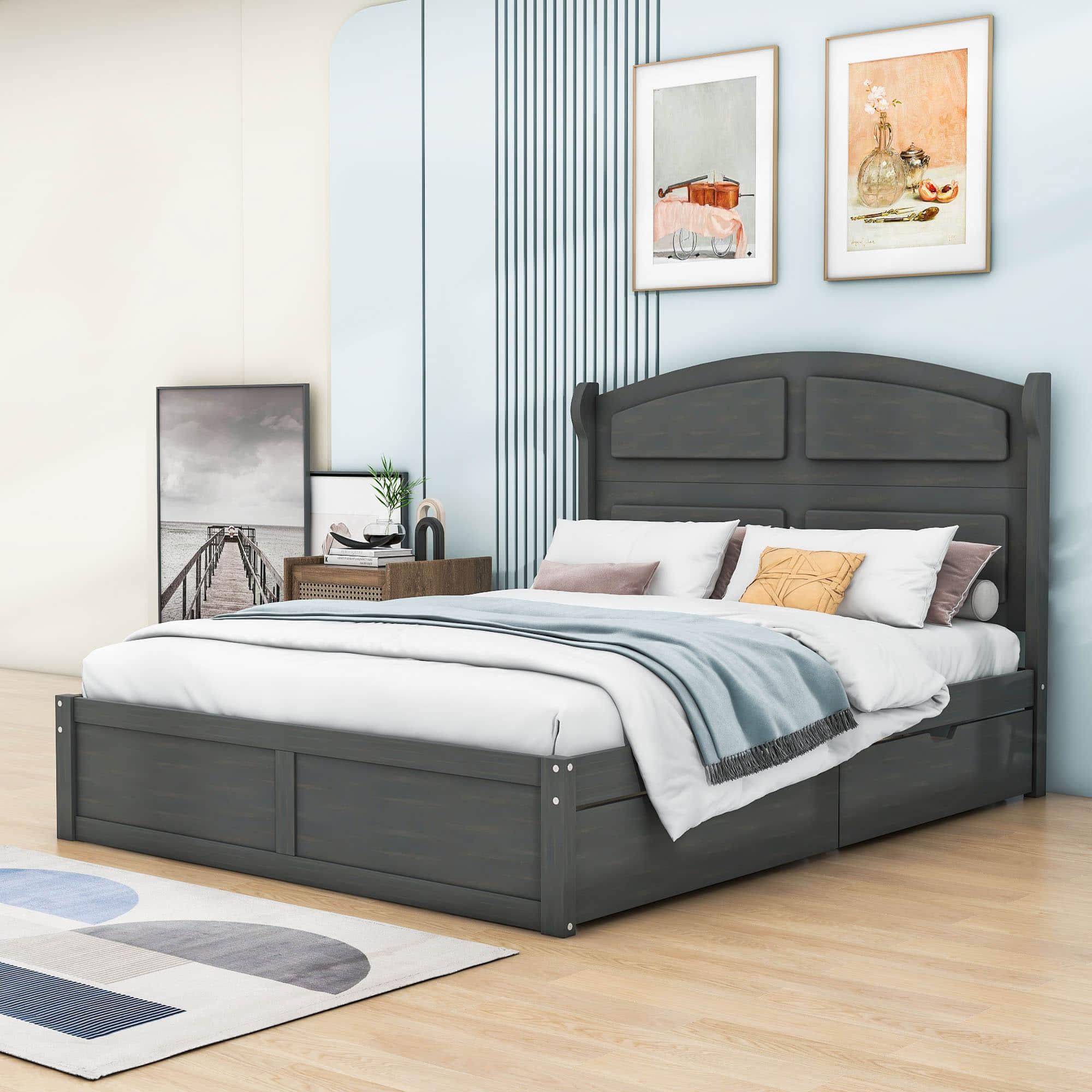 Wooden Queen Size Platform Bed with Twin Trundle Bed and Storage - [Headboard]