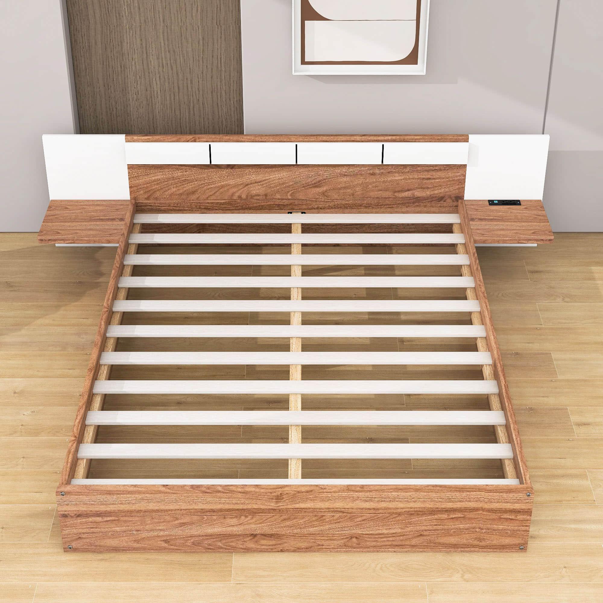 Wooden Smart Queen Size Platform Bed with Headboard and Storage - [USB Ports, Sockets]