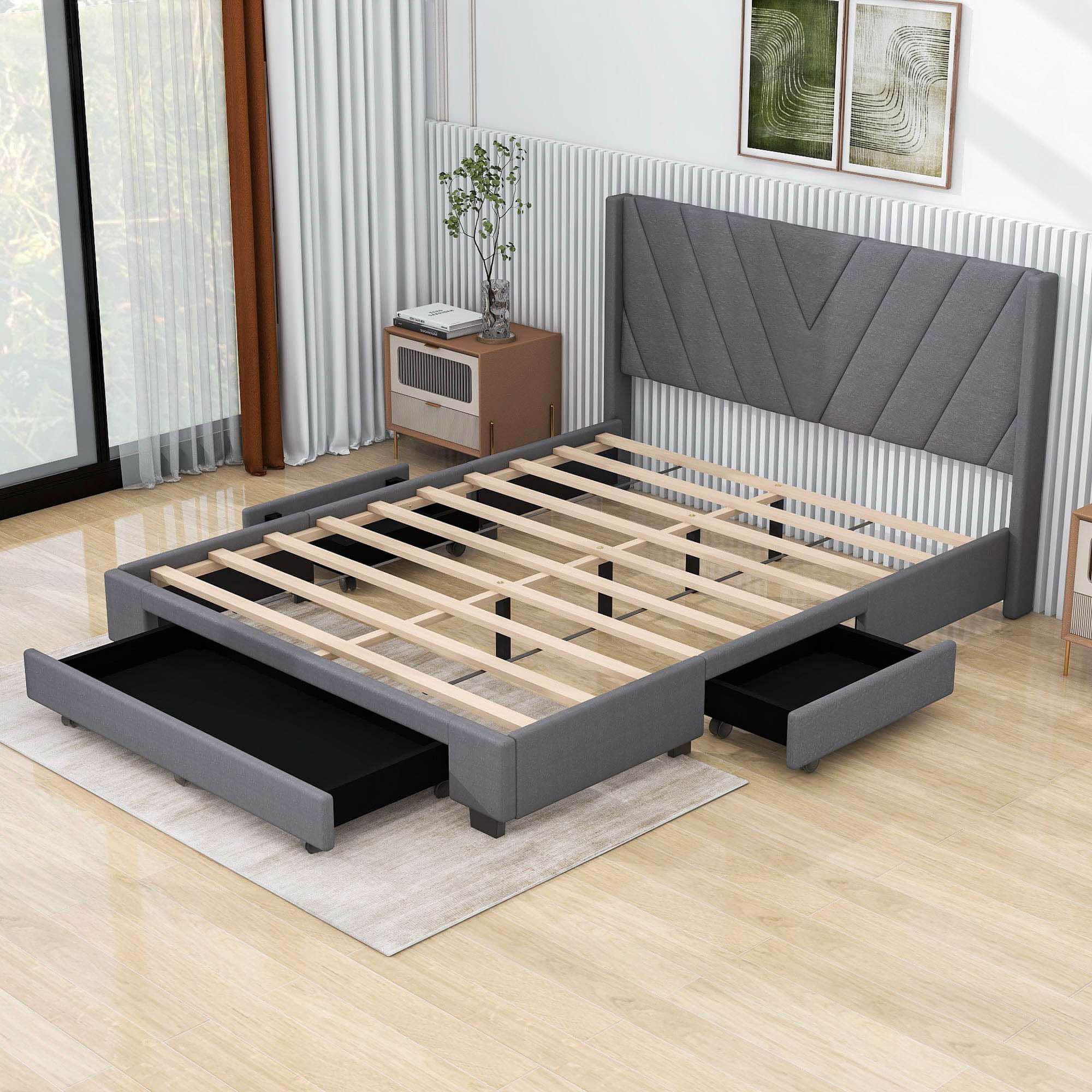 Queen Size Upholstered Platform Bed with Storage and Headboard - [Drawers, Linen]