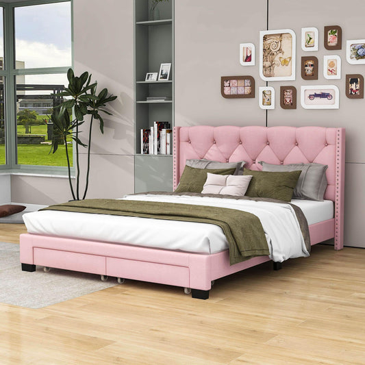 Queen Pink Upholstered Storage Bed Frame with Headboard, Drawers