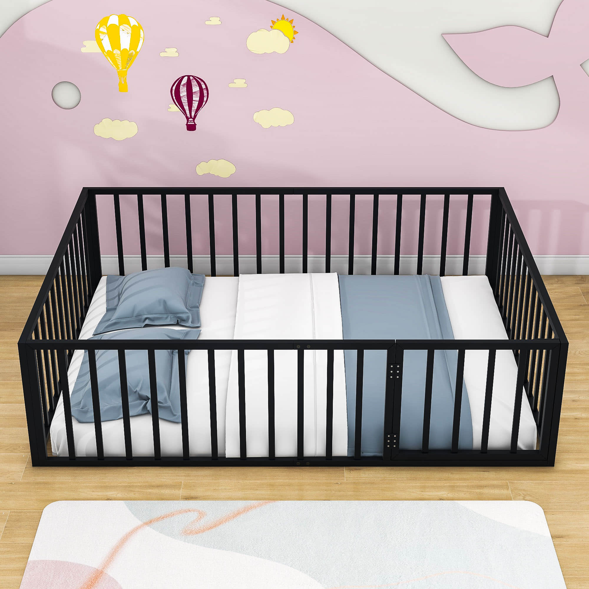 Metal Montessori Queen Toddler Floor Bed with Rails for Kids