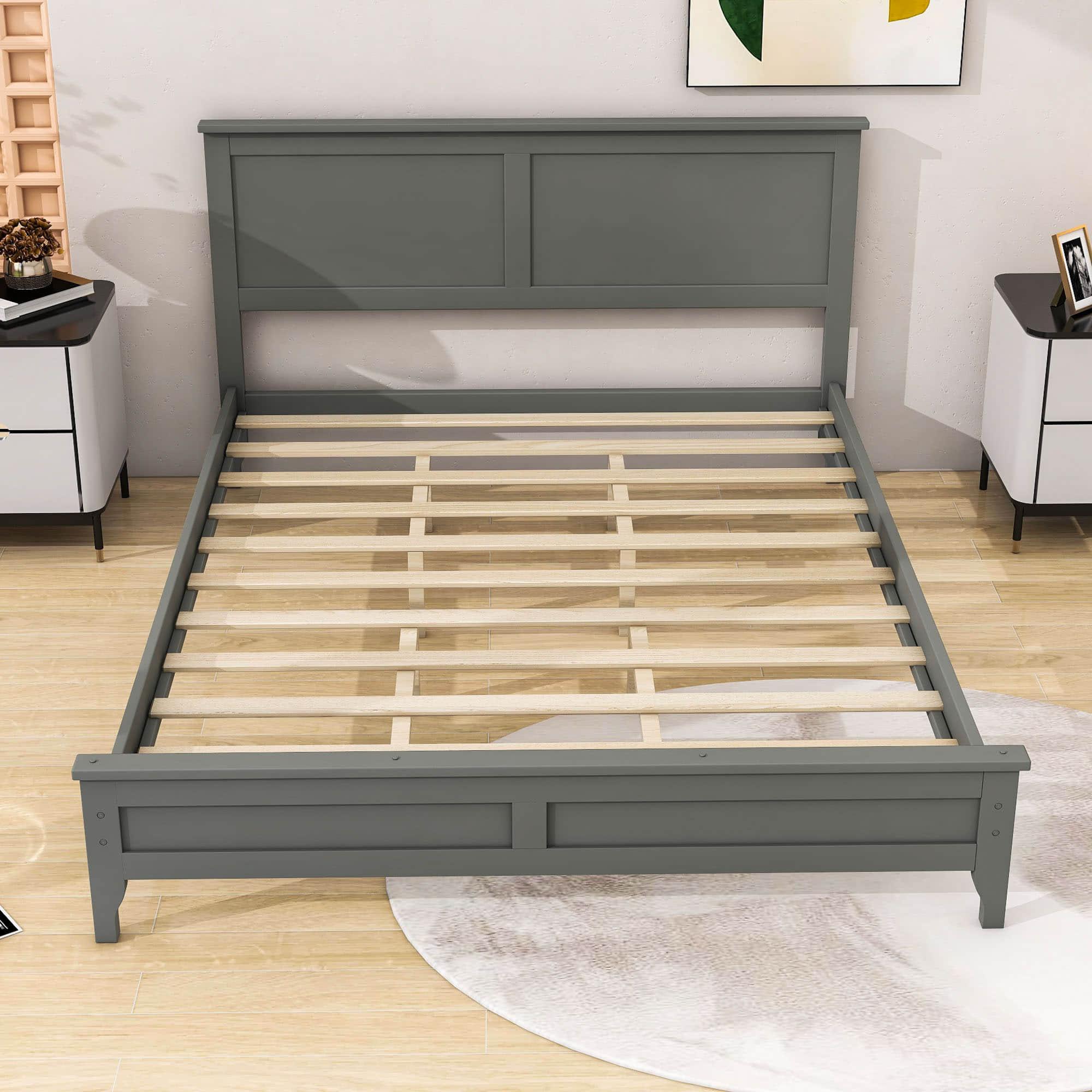 Mid-Century Modern Solid Wood Queen Size Platform Bed with Headboard