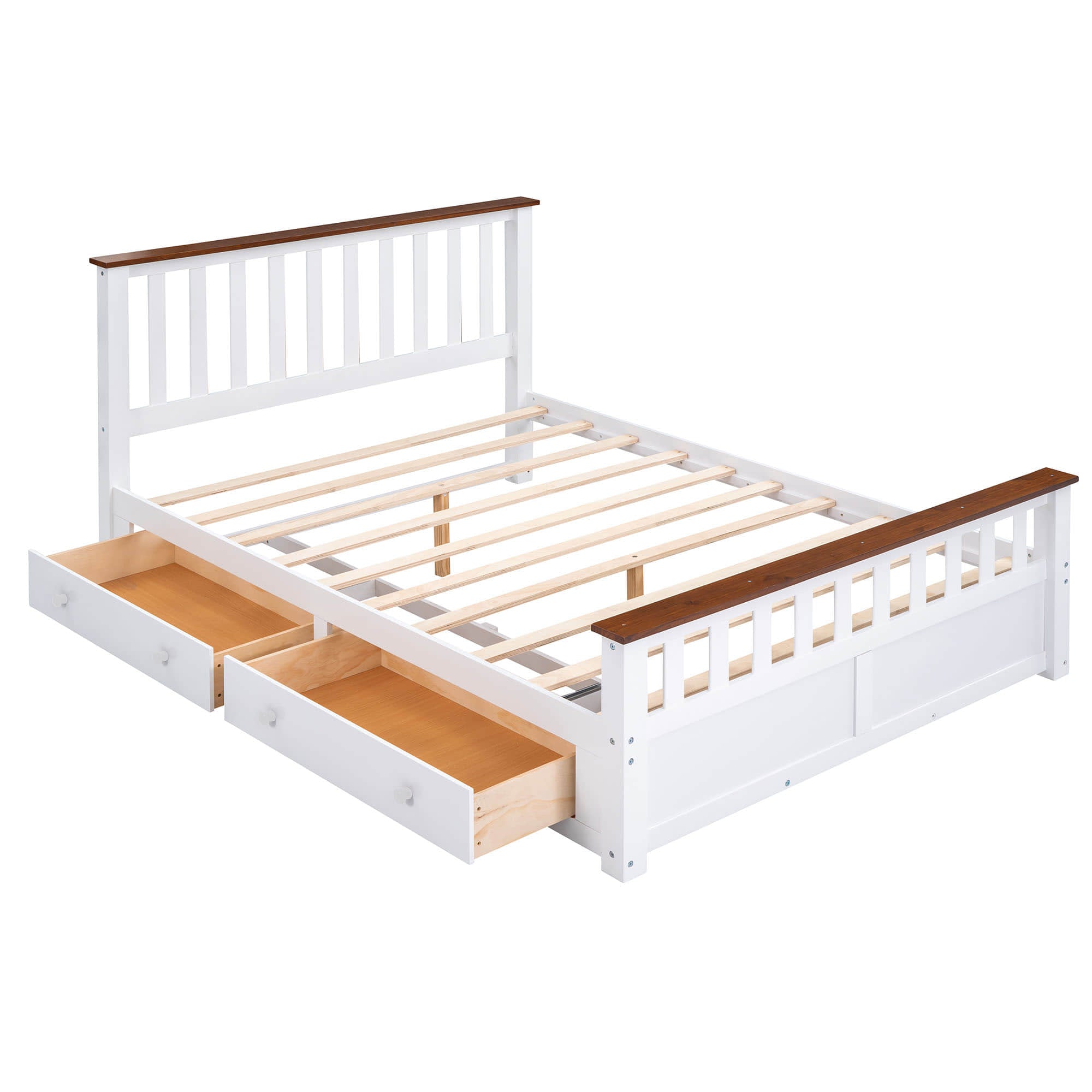 Wooden Queen Size Platform Bed Frame with Storage and Slat Headboard