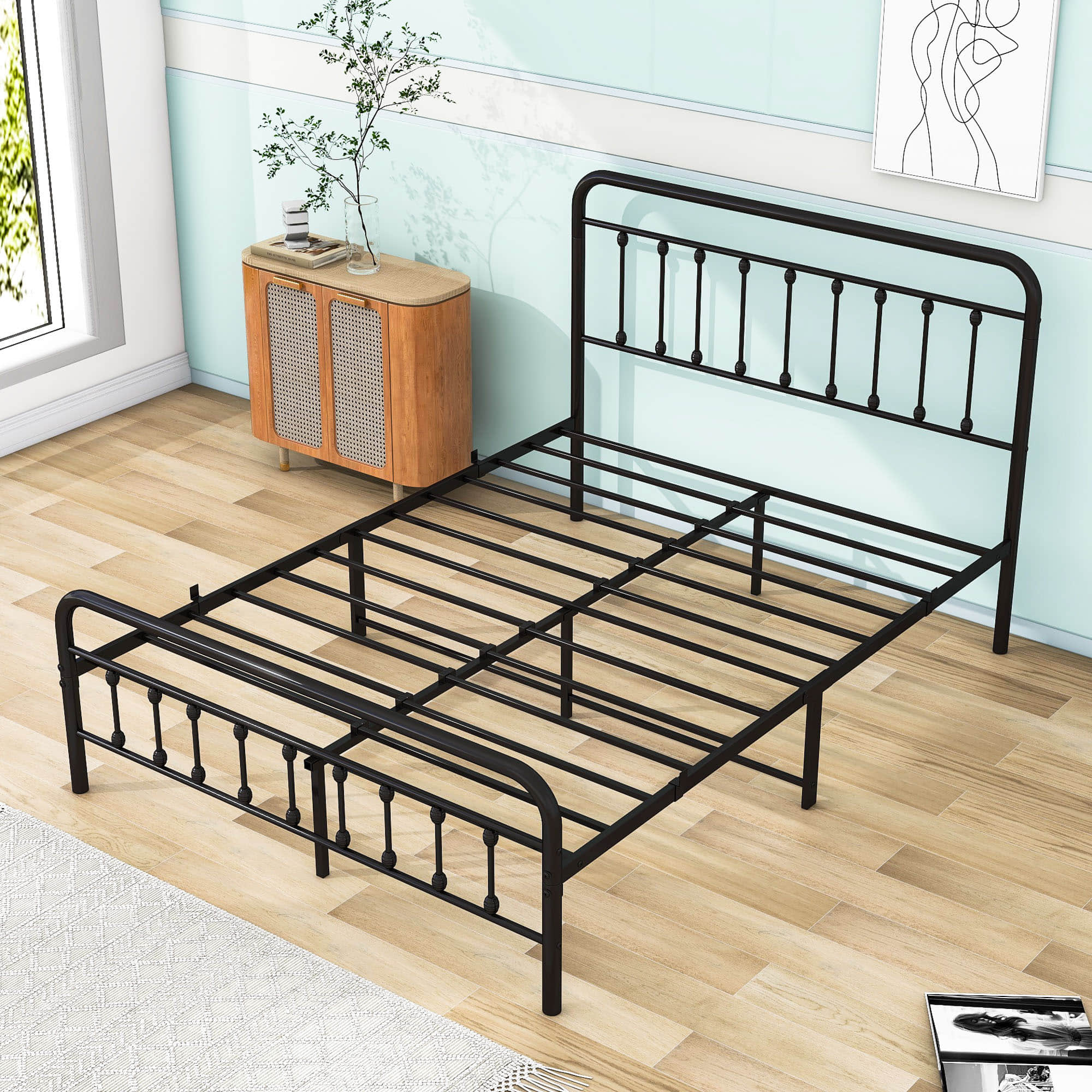 Vintage Queen Size Metal Bed Frame with Slats Headboard