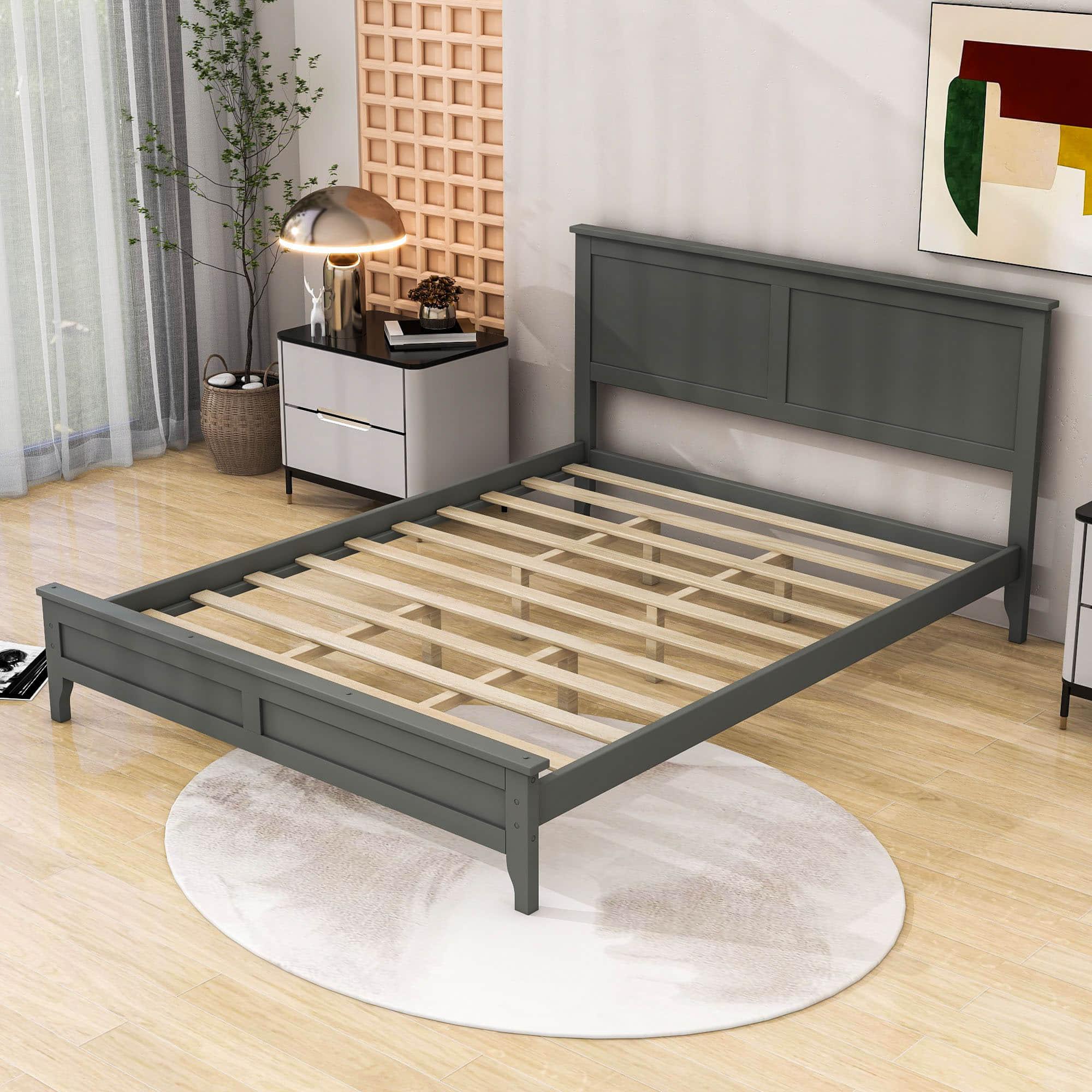 Mid-Century Modern Solid Wood Queen Size Platform Bed with Headboard