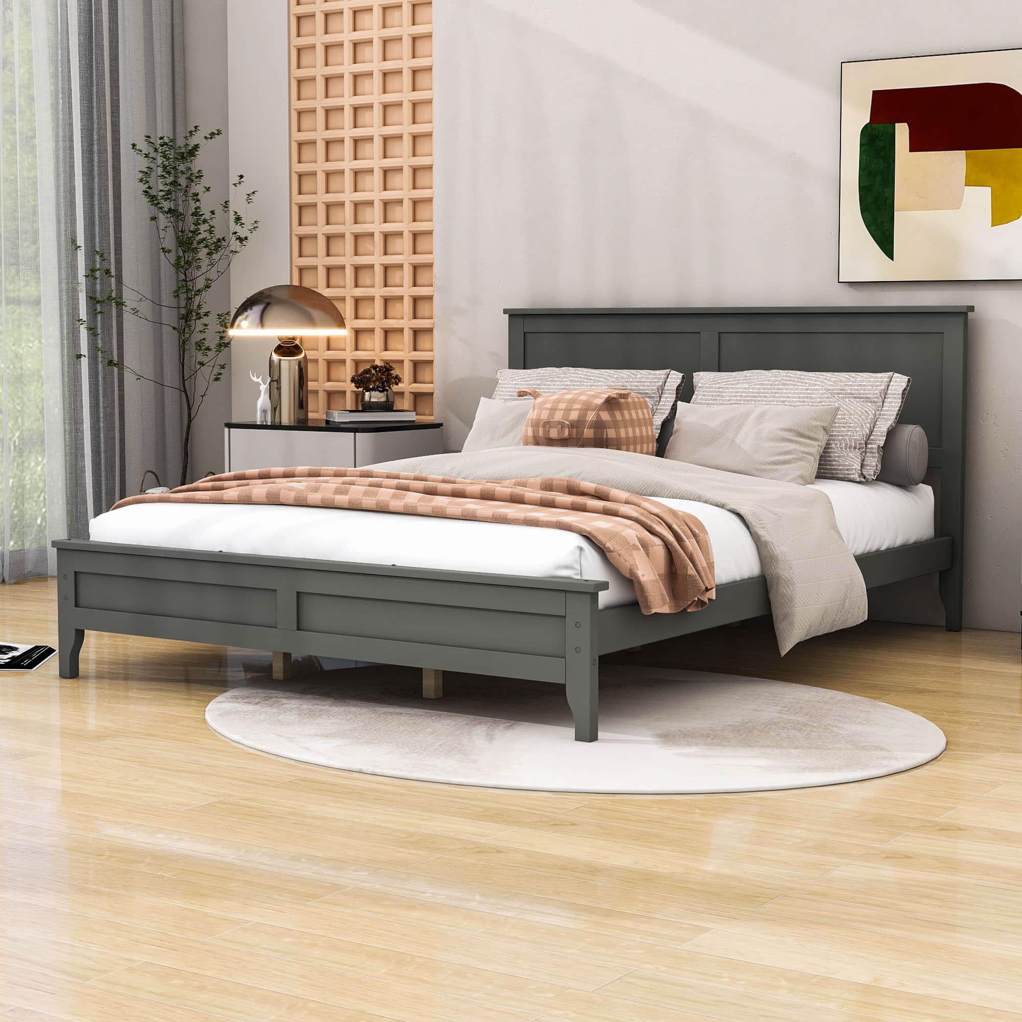 Mid-Century Modern Solid Wood Queen Size Platform Bed with Headboard