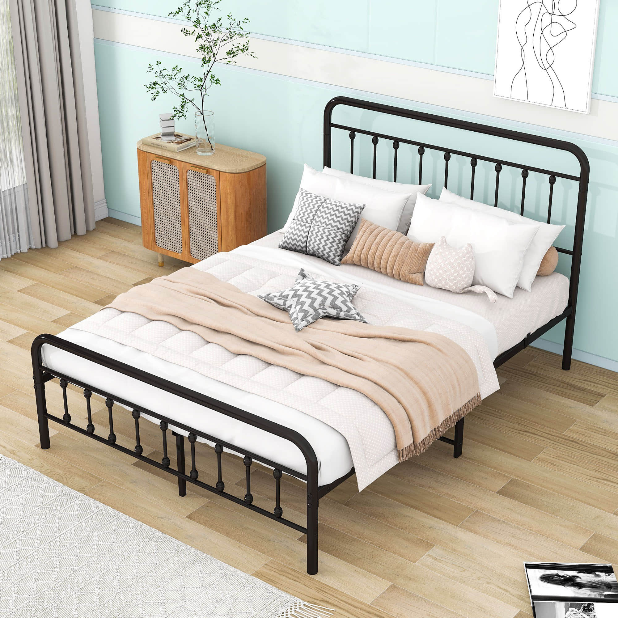 Vintage Queen Size Metal Bed Frame with Slats Headboard